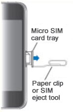 Insert the end of a paper clip into the hole which holds the SIM card tray