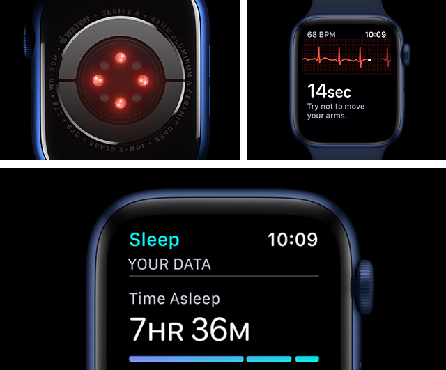 The Apple Watch Series 6 helps you monitor your blood oxygen, ECG and sleep levels.