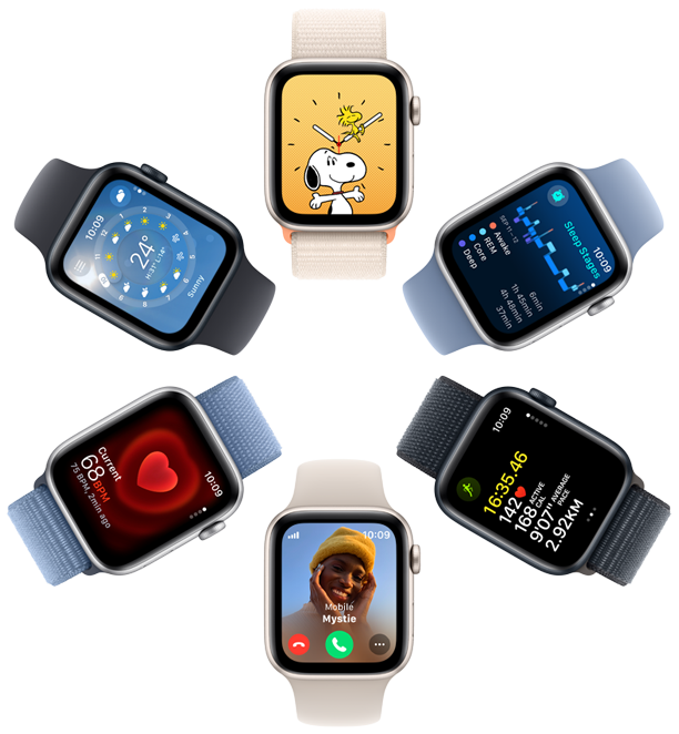 An overhead view of six Apple Watch SE screens displaying a Snoopy wallpaper, Sleep app insights, Workout app metrics, an incoming call, heart rate and Weather app.