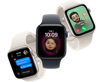 A collection of three Apple Watches displaying different screens