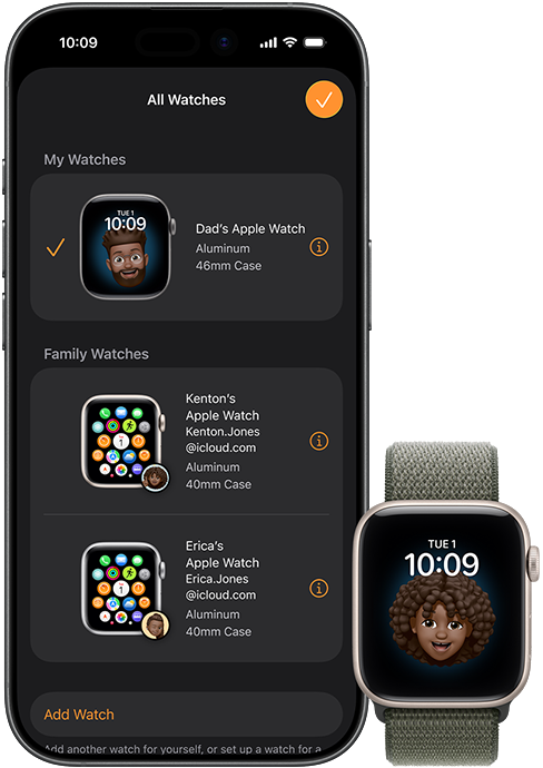 A kid's Apple Watch next to Dad's iPhone, which displays all the family watches he's connected to