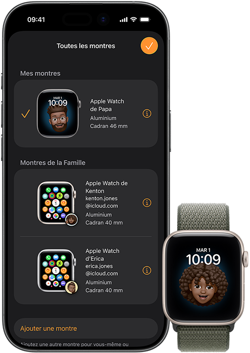 L’Apple Watch d’un enfant à côté de l’iPhone de papa, qui affiche toutes les montres qui y sont jumelées.