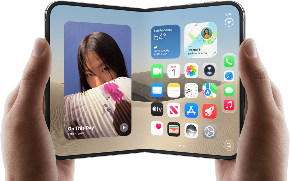 iPhone Duo, Star White colour, held by two hands in landscape orientation, unfolded, interior screen displays photos on the left, apps on the right