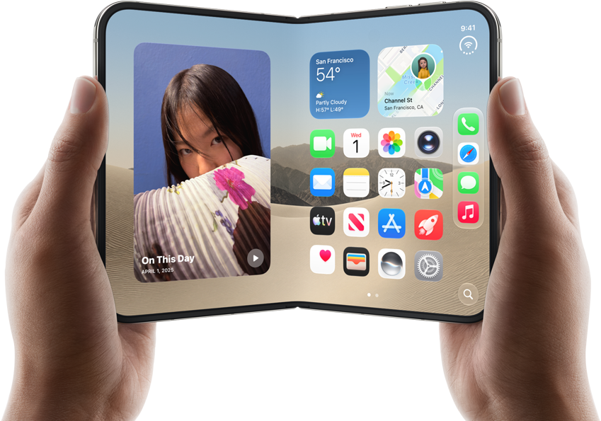 iPhone Duo, Star White colour, held by two hands in landscape orientation, unfolded, interior screen displays photos on the left, apps on the right