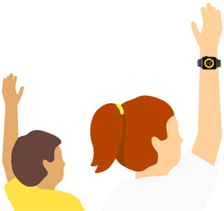 Two students from behind with their arms raised in class, one of them is wearing an Apple Watch