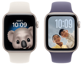 Cadrans ludiques, cadran 1 : Memoji d’un koala, heure située au centre en haut de l’écran, cadran 2 : Photos, heure située dans le coin supérieur droit