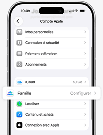 Écran d’un compte Apple parental avec la section de configuration familiale en évidence