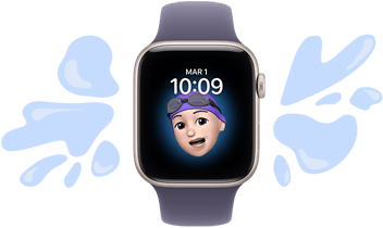 Apple Watch SE 3, boîtier en aluminium, comète, cadran Memoji, illustrations d’éclaboussures d’eau qui n’atteignent pas l’appareil résistant à l’eau, bracelet sport brume violette