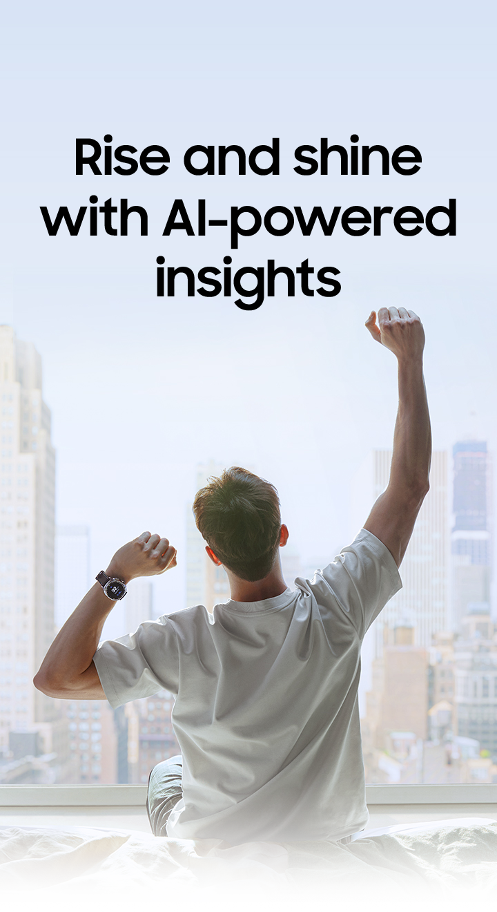 A person stretching his arms out in the morning, facing the window. On one wrist is Galaxy Watch8 Classic.