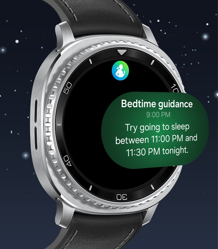 Galaxy Watch8 Classic with Bedtime guidance feature onscreen. Samsung Health icon, text Bedtime guidance at the top. Below, text Bedtime guidance, 9:00 PM, Try going to sleep between 11:00 PM and 11:30 PM tonight.