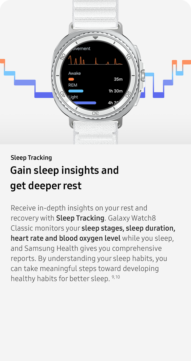 Sleep Tracking. Gain sleep insights and
                 get deeper rest. Receive in-depth insights on your rest and recovery with Sleep Tracking. Galaxy Watch8 Classic monitors your sleep stages, sleep duration, heart rate and blood oxygen level while you sleep, and Samsung Health gives you comprehensive reports. By understanding your sleep habits, you can take meaningful steps toward developing healthy habits for better sleep. 9, 10