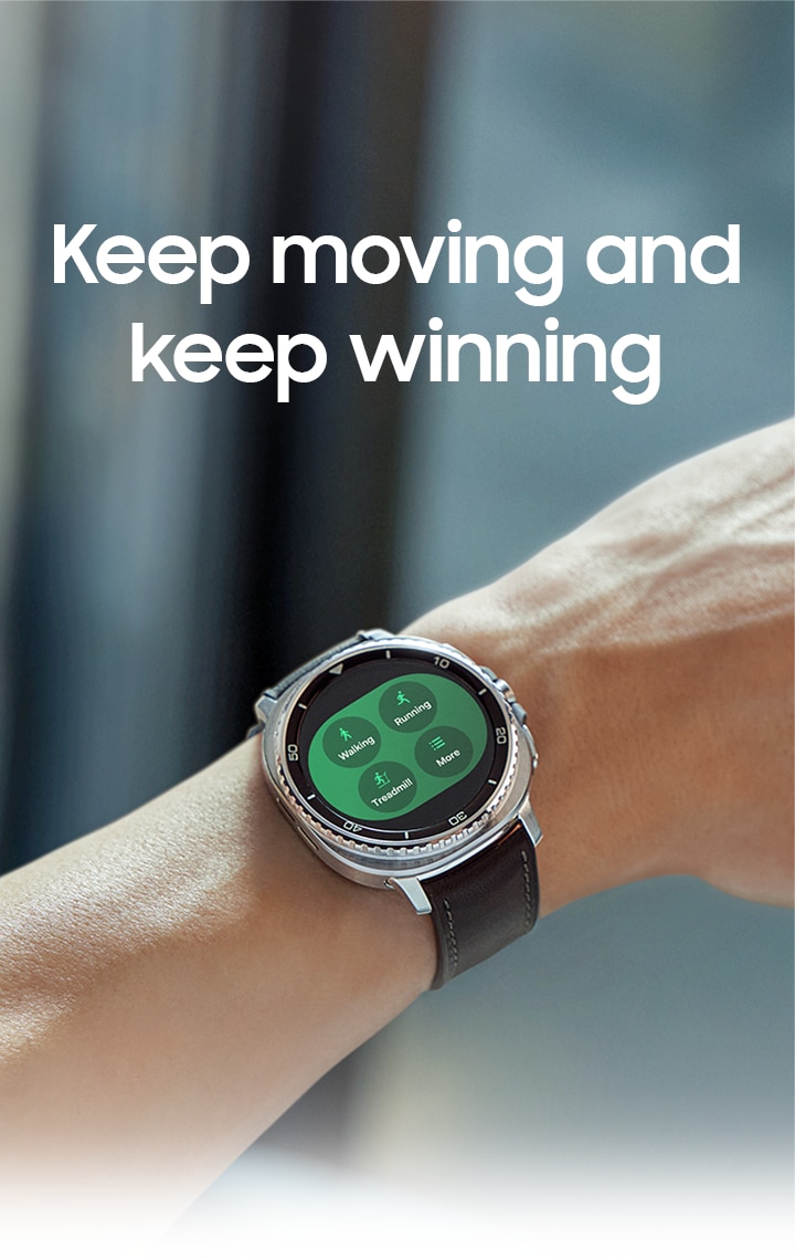 Person wearing Galaxy Watch8 Classic. Exercise tracking feature is onscreen, displaying Walking, Running, Bike and More.