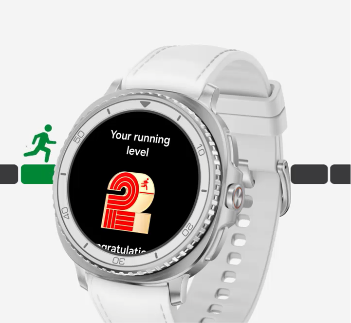 Slightly tilted Galaxy Watch8 Classic is on one side with Running coaching feature onscreen. In the back, running icon can be seen to indicate progress. Text Your running level. Number 2. Screen scrolls down, showing two buttons: View training plan and Show on phone. Galaxy Watch8 Classic turns to face the front. Onscreen, text Beta, Running coach, text 1 Hill training, 4.00 kilometers, 4.31 kilometers. Workout 1 to 4 in the background to indicate that you can check your running level through 4 steps. Galaxy Watch8 Classic displaying 12:45, 5 minutes 15 seconds, Main distance 2.33, Main average 5 minutes 30 seconds, heart rate 165. Galaxy Watch8 Classic tilts backwards and display dims. Above the device are checkmark icon and text Passed!. Confetti can be seen, indicating the user reached an exercise milestone. Number 3 icon that indicates running level 3 appears above Galaxy Watch8 Classic.