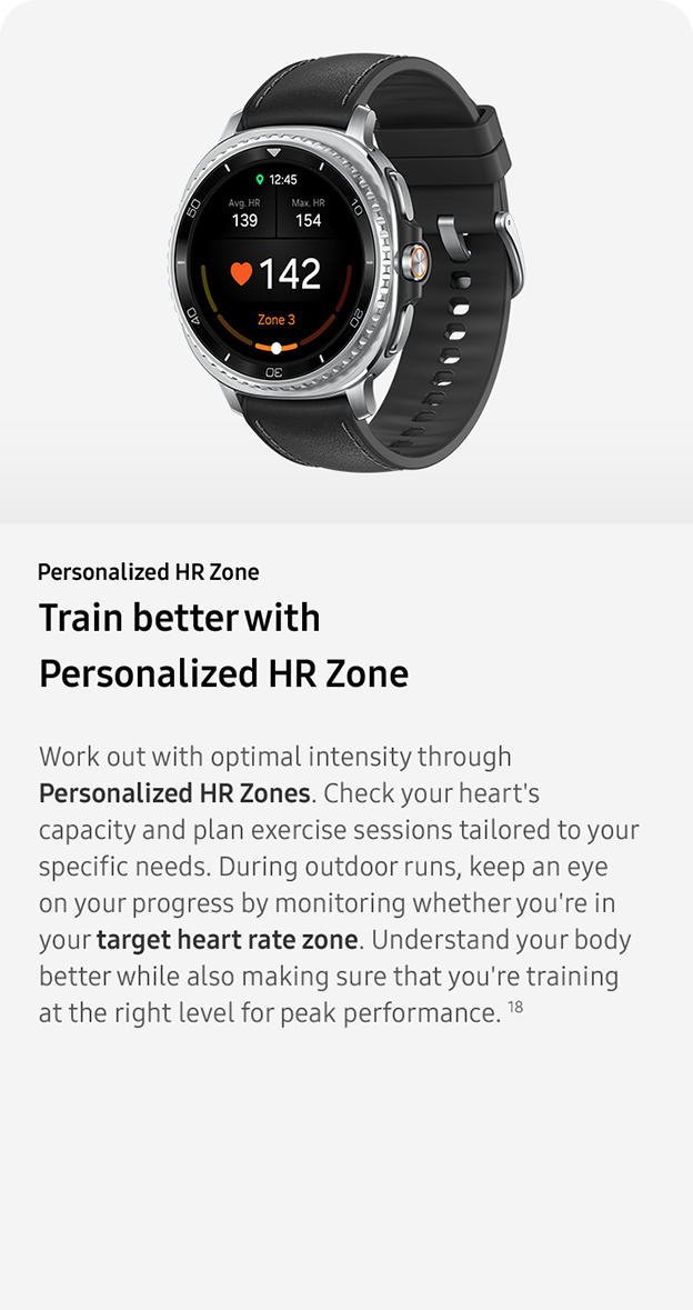 Personalized HR Zone. Train better with Personalized HR Zone. Work out with optimal intensity through Personalized HR Zones. Check your heart's capacity and plan exercise sessions tailored to your specific needs. During outdoor runs, keep an eye on your progress by monitoring whether you're in your target heart rate zone. Understand your body better while also making sure that you're training at the right level for peak performance.