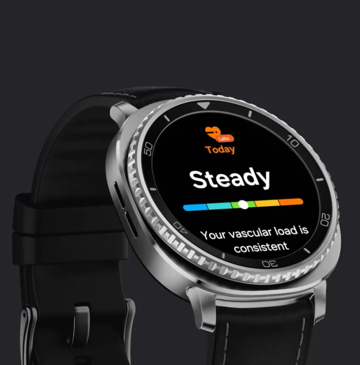 Back of Galaxy Watch8 Classic. Sensor is lighted up to indicate tracking. Galaxy Watch8 Classic disappears and sensor light turns into a line that connects to a heart. Heart rate graph circles the pumping heart. Scene changes. Galaxy Watch8 Classic with watch band attached. Vascular Load feature is onscreen, displaying text Steady, related graph and text Your vascular load is consistent.