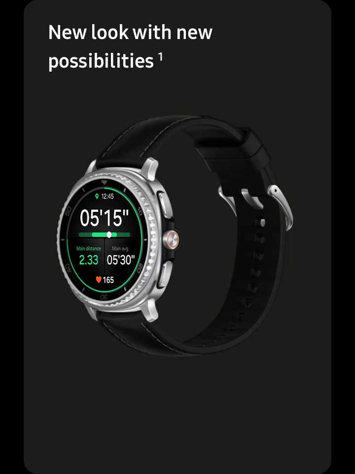 Close-up of Galaxy Watch8 Classic. Rotating Bezel is rotating. Side view of Galaxy Watch8 Classic, focusing on the Quick Button. Button is clicked and exercise tracking feature appears onscreen.