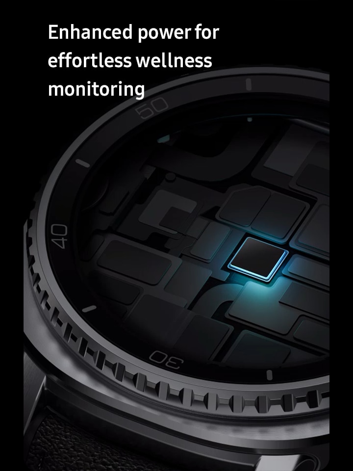 Chipset slightly above its place inside Galaxy Watch8 Classic. Chipset in its place with light glowing around it to emphasize the advanced processor.