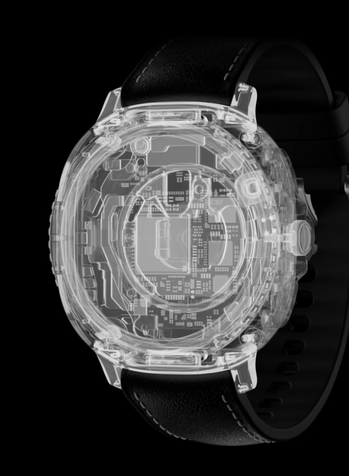 Square shape with rounded corners appears. Square turns into Galaxy Watch8 Classic. The silhouette can be seen. Skeleton view of the inside appears. The device slightly tilts to the left.