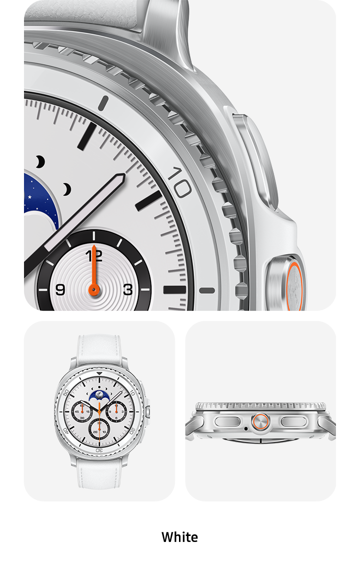 Three different views of Galaxy Watch8 Classic in White. Partial view of Galaxy Watch8 Classic in close-up. Full front view of Galaxy Watch8 Classic. Side view of Galaxy Watch8 Classic, emphasizing the Rotating Bezel.