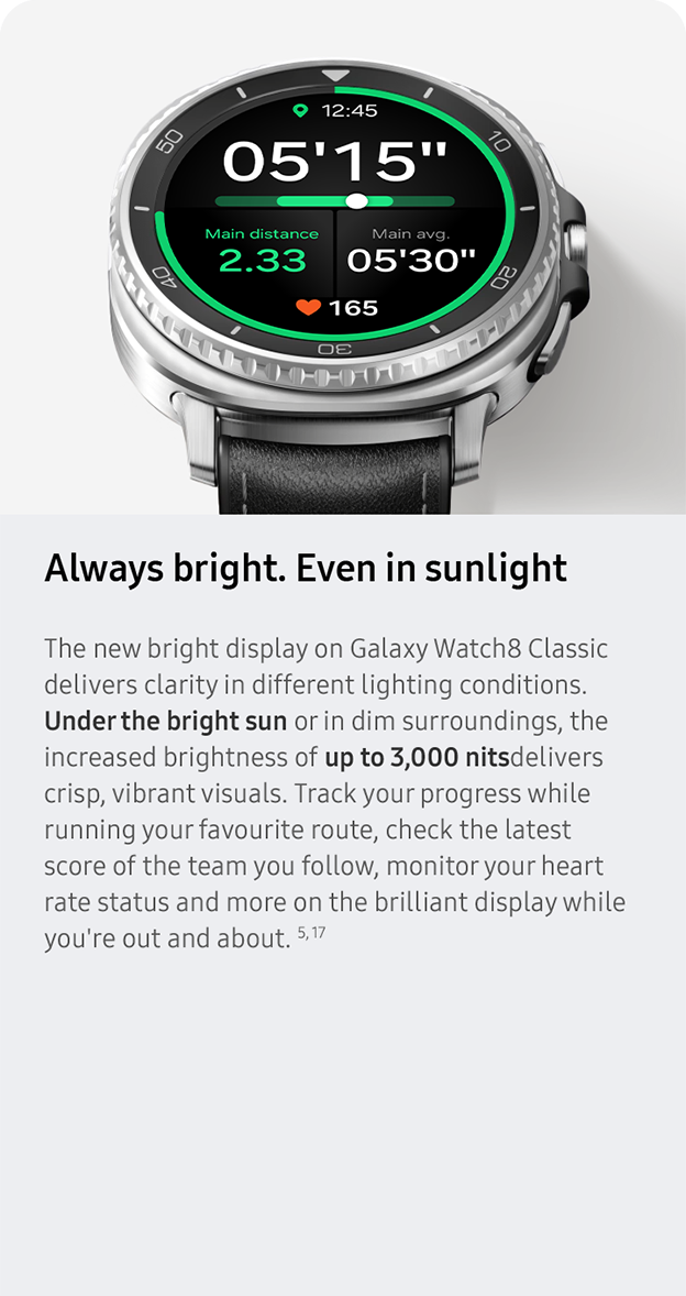 Always bright. Even in sunlight. The new bright display on Galaxy Watch8 Classic delivers clarity in different lighting conditions. Under the bright sun or in dim surroundings, the increased brightness of up to 3,000 nitsdelivers crisp, vibrant visuals. Track your progress while running your favourite route, check the latest score of the team you follow, monitor your heart rate status and more on the brilliant display while you're out and about. 5, 17