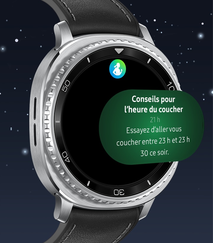 Montre Galaxy Watch8 Classic avec fonctionnalité de Conseils pour l’heure du coucher à l’écran. Icône Samsung Health, texte Conseils pour l’heure du coucher dans le haut. En dessous, le texte Conseils pour l’heure du coucher, 21 h, Ce soir, essayez de vous coucher entre 23 h et 23 h 30.