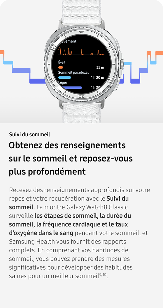 Suivi du sommeil. Obtenez des renseignements
                sur le sommeil et reposez-vous 
                plus profondément. Recevez des renseignements approfondis sur votre repos et votre récupération avec le Suivi du sommeil. La montre Galaxy Watch8 Classic surveille les étapes de sommeil, la durée du sommeil, la fréquence cardiaque et le taux d’oxygène dans le sang pendant votre sommeil, et Samsung Health vous fournit des rapports complets. En comprenant vos habitudes de sommeil, vous pouvez prendre des mesures significatives pour développer des habitudes saines pour un meilleur sommeil9, 10. 
