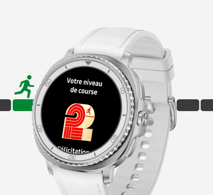 La montre Galaxy Watch8 Classic légèrement inclinée est d’un côté avec la fonctionnalité Entraîneur de course à pied à l’écran. À l’arrière, l’icône de course est visible pour indiquer les progrès. Texte Votre niveau de course. Numéro 2. L’écran défile vers le bas, montrant deux boutons : Consultez le plan de formation et son affichage sur le téléphone. La montre Galaxy Watch8 Classic tourne pour faire face à l’avant. À l’écran, le texte Bêta, l’Entraîneur de course à pied, le texte 1 Entraînement en colline, 4,00 kilomètres, 4,31 kilomètres. Entraînements 1 à 4 en arrière-plan pour indiquer que vous pouvez vérifier votre niveau de course en 4 étapes. Galaxy Watch8 Classic affichant 12 h 45, 5 minutes 15 secondes, distance principale 2,33, moyenne principale 5 minutes 30 secondes, fréquence cardiaque 165. La montre Galaxy Watch8 Classic s’incline vers l’arrière et l’affichage devient moins lumineux. Au-dessus de l’appareil se trouvent l’icône de crochet et le texte Réussi! Des confettis sont visibles, indiquant que l’utilisateur a atteint une étape importante de l’exercice. L’icône numéro 3 indique le niveau de course 3 et apparaît au-dessus de la montre Galaxy Watch8 Classic. 