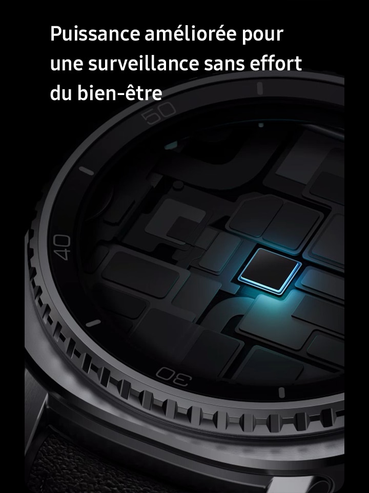 Jeu de puces légèrement au-dessus de son emplacement dans la montre Galaxy Watch8 Classic. Jeu de puces à sa emplacement avec une lumière qui brille autour pour mettre l’accent sur le processeur avancé.