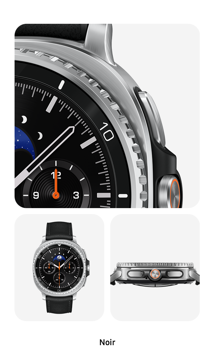 Trois vues différentes de la montre Galaxy Watch8 Classic en noir. Vue partielle de la montre Galaxy Watch8 Classic en gros plan. Vue avant complète de la montre Galaxy Watch8 Classic. Vue latérale de la montre Galaxy Watch8 Classic, mettant l’accent sur la lunette rotative.