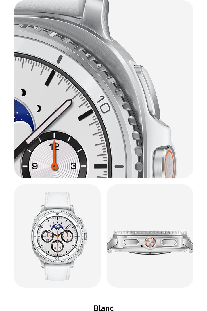 Trois vues différentes de la montre Galaxy Watch8 Classic en blanc. Vue partielle de la montre Galaxy Watch8 Classic en gros plan. Vue avant complète de la montre Galaxy Watch8 Classic. Vue latérale de la montre Galaxy Watch8 Classic, mettant l’accent sur la lunette rotative.