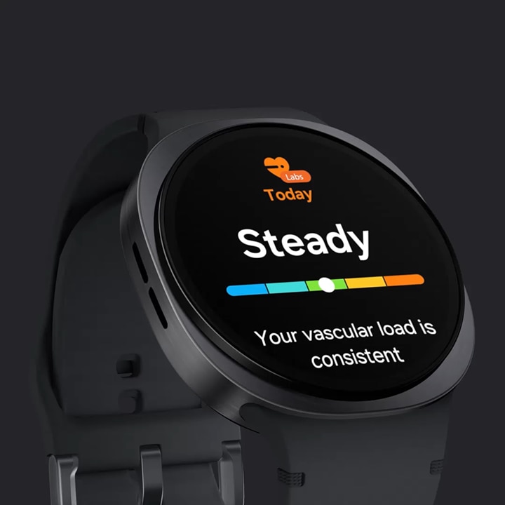 An optical sensor of Galaxy Watch8 measures the Vascular Load. Then Galaxy Watch8 is shown, displaying the texts ' Today' and 'Steady', along with a scale with an indicator. At the bottom is the message 'Your vascular load is consistent'.