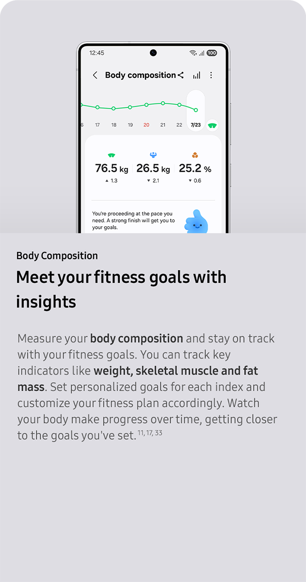 Body Composition. Meet your fitness goals with insights. Measure your body composition and stay on track with your fitness goals. You can track key indicators like weight, skeletal muscle and fat mass. Set personalized goals for each index and customize your fitness plan accordingly. Watch your body make progress over time, getting closer to the goals you've set. 11, 17, 33
