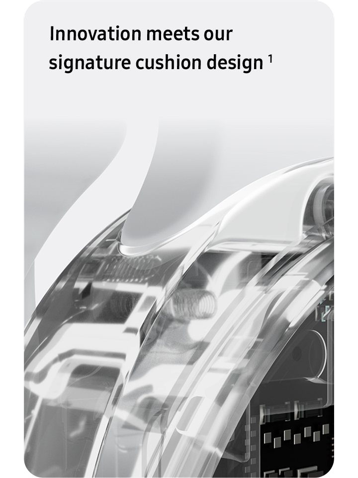 A corner of the Galaxy Watch8 is zoomed in, highlighting the cushion design. The device becomes transparent, revealing its internal components.