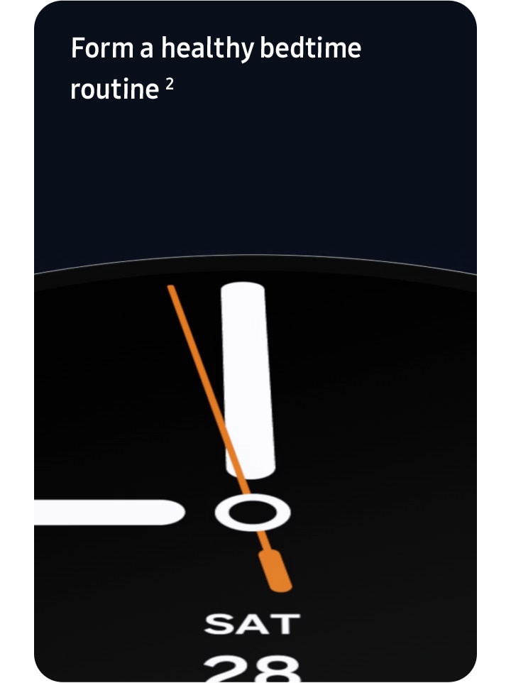 A notification pops up on the display of Galaxy Watch8. Bedtime guidance. Try going to sleep between 11:00 PM and 11:30 PM tonight.