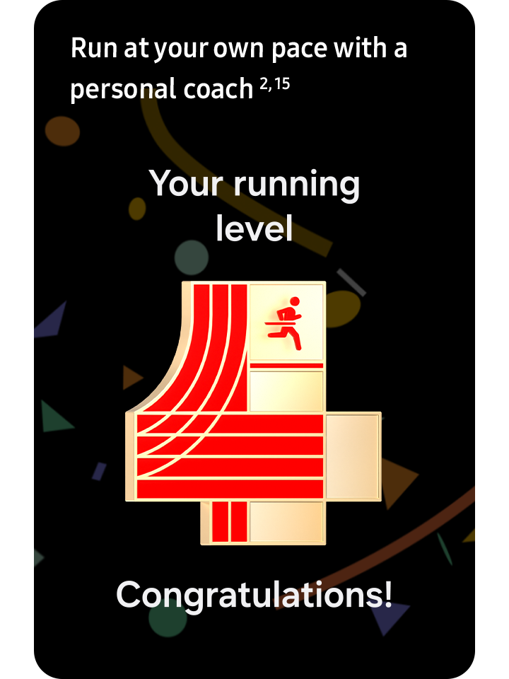 Galaxy Watch8 shows the text Running level test. The screen is scrolled all the way down, and the Start button is tapped. Now, numbers are shown on the display. Time. 12:45. Duration going from 06:46 to 06:47. Distance going from 3.25 to 3.24. Pace 06'39''. Heart rate 164. The scene changes. Text Your running level. 4. Congratulations!