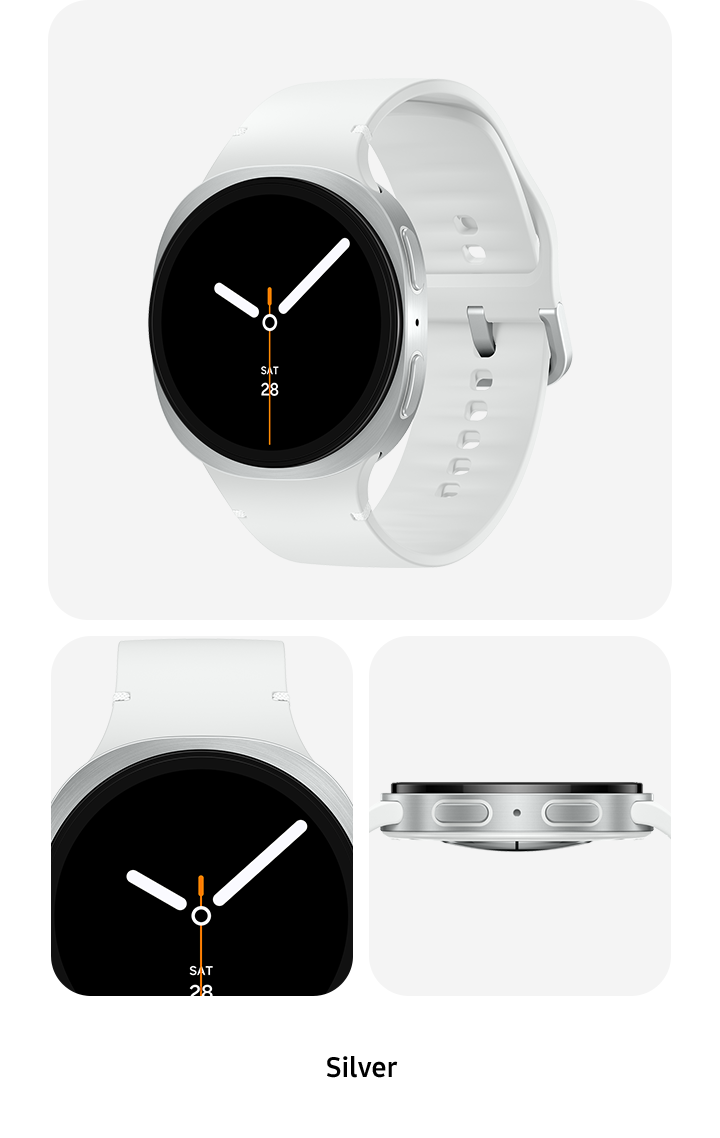 Galaxy Watch8 Silver viewed from the front, at a partial front-side angle and from the side showing the Home and Back buttons.