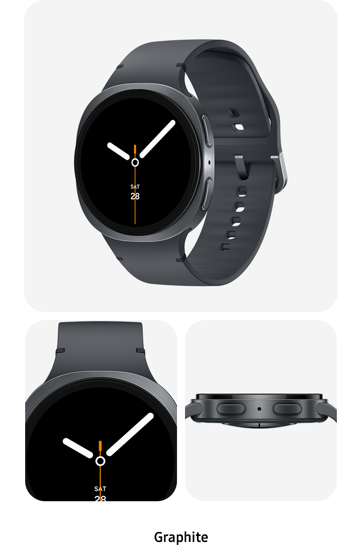 Galaxy Watch8 Graphite viewed from the front, at a partial front-side angle and from the side showing the Home and Back buttons.