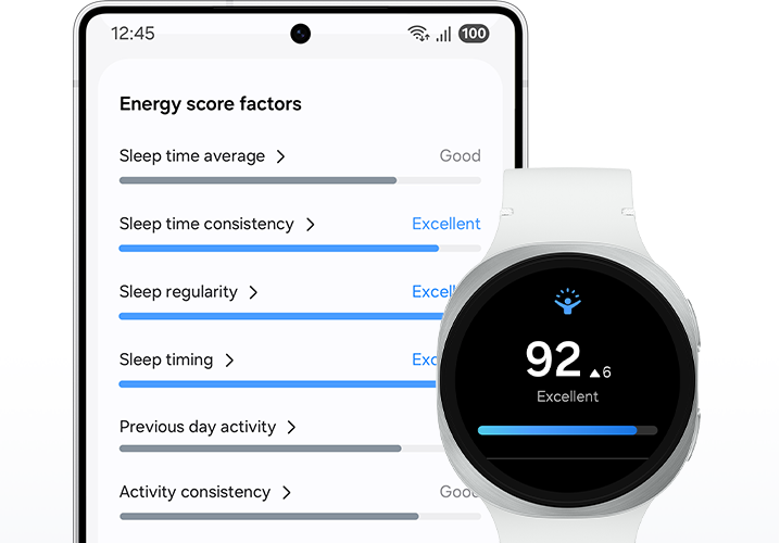 Galaxy Watch8 Classic with Bedtime guidance feature onscreen. Samsung Health icon, text Bedtime guidance at the top. Below, text Bedtime guidance, 9:00 PM, Try going to sleep between 11:00 PM and 11:30 PM tonight.