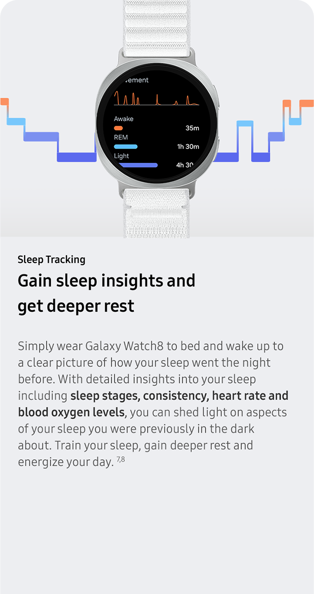 Sleep Tracking. Gain sleep insights and
                 get deeper rest. Simply wear Galaxy Watch8 to bed and wake up to a clear picture of how your sleep went the night before. With detailed insights into your sleep including sleep stages, consistency, heart rate and blood oxygen levels, you can shed light on aspects of your sleep you were previously in the dark about. Train your sleep, gain deeper rest and energize your day. 7,8
                 