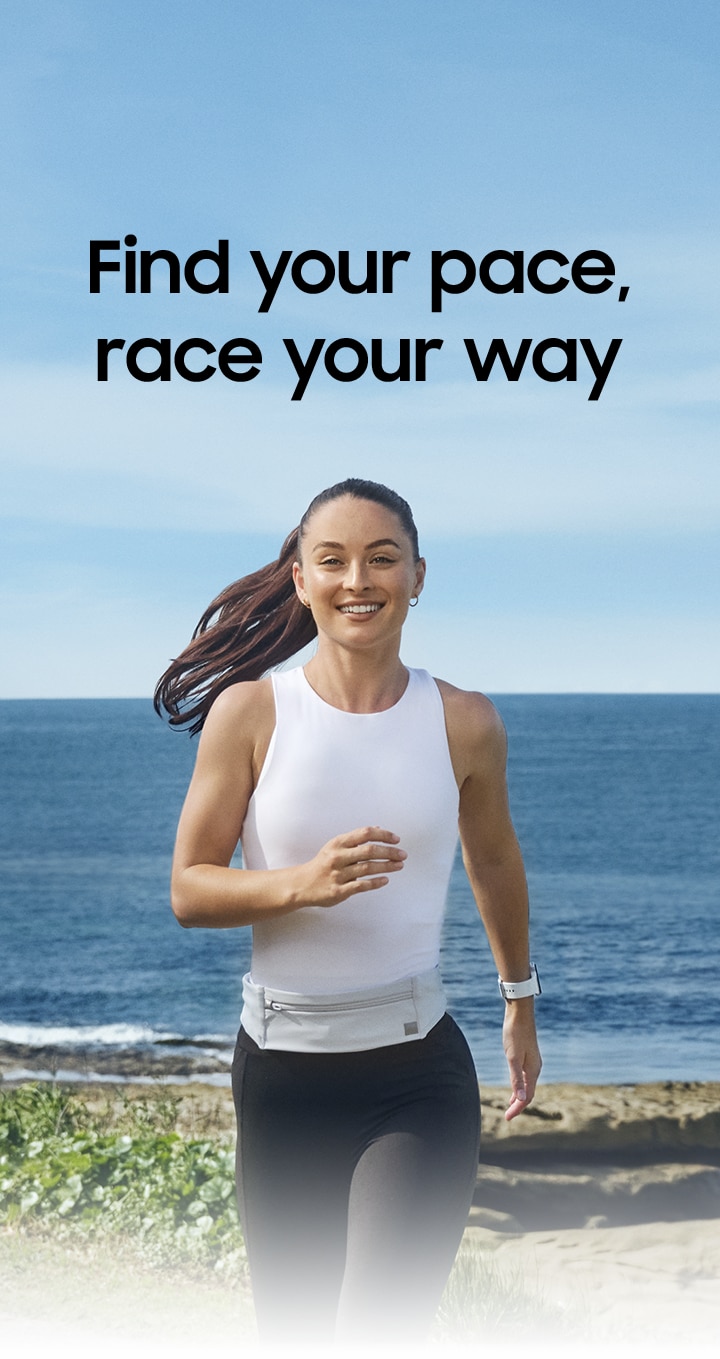 A woman is running outdoors wearing Galaxy Watch8.