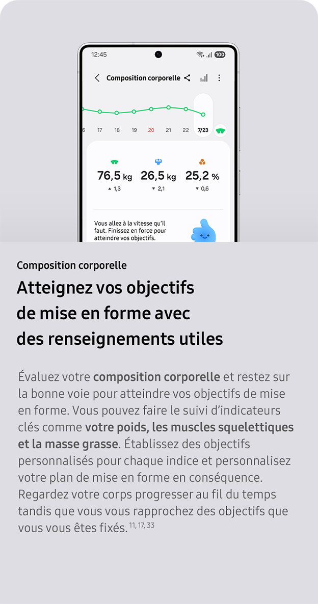 Composition corporelle. Atteignez vos objectifs de mise en forme avec des renseignements utiles. Évaluez votre composition corporelle et restez sur la bonne voie pour atteindre vos objectifs de mise en forme. Vous pouvez faire le suivi d’indicateurs clés comme votre poids, les muscles squelettiques et la masse grasse. Établissez des objectifs personnalisés pour chaque indice et personnalisez votre plan de mise en forme en conséquence. Regardez votre corps progresser au fil du temps tandis que vous vous rapprochez des objectifs que vous vous êtes fixés. 11, 17, 33