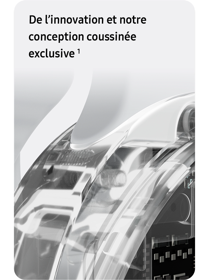 Un coin de la montre Galaxy Watch8 est agrandi, mettant en évidence la conception coussinée. L’appareil devient transparent, révélant ses composants internes.