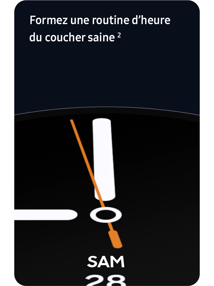 Une notification s’affiche à l’écran de la montre Galaxy Watch8. Conseil pour l’heure du coucher. Ce soir, essayez d’aller dormir entre 23 h et 23 h 30.