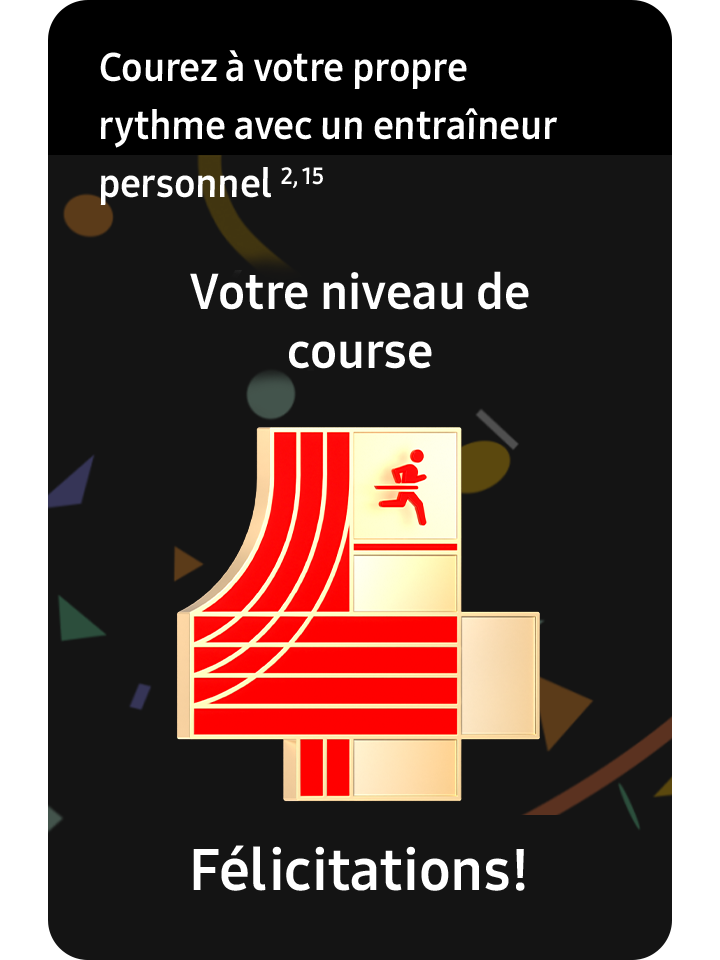 La montre Galaxy Watch8 affiche le texte Test de niveau de course. L’écran défile complètement vers le bas et le bouton Démarrer est appuyé. Maintenant, des chiffres sont affichés à l’écran. Heure. 12 h 45. Durée passant de 06:46 à 06:47. Distance allant de 3,25 à 3,24. Rythme 06’39''. Fréquence cardiaque 164. La scène change. Texte Votre niveau de course. 4. Félicitations!