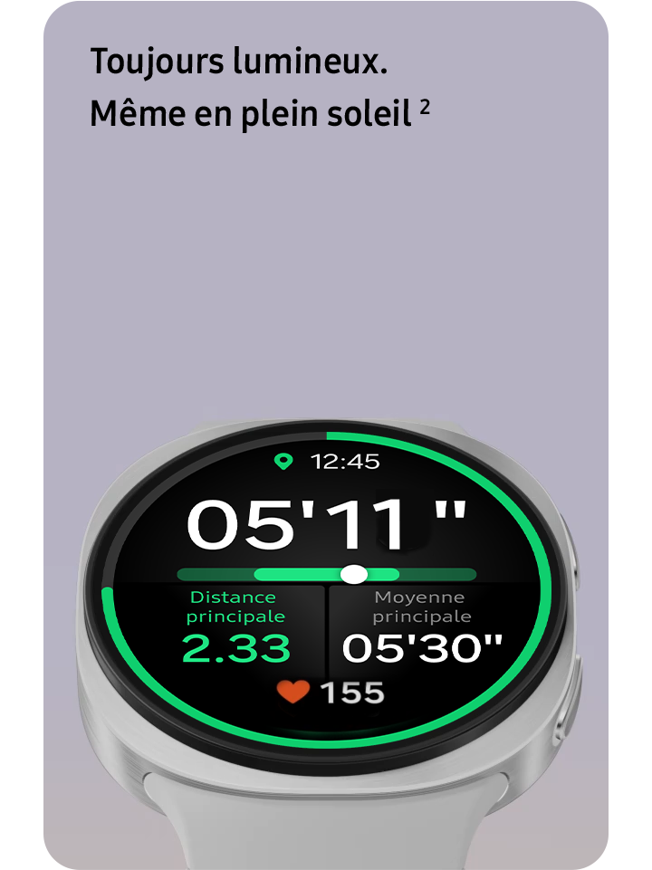 Tandis que de la lumière traverse l’écran de la montre Galaxy Watch8, le contenu reste net et clair.