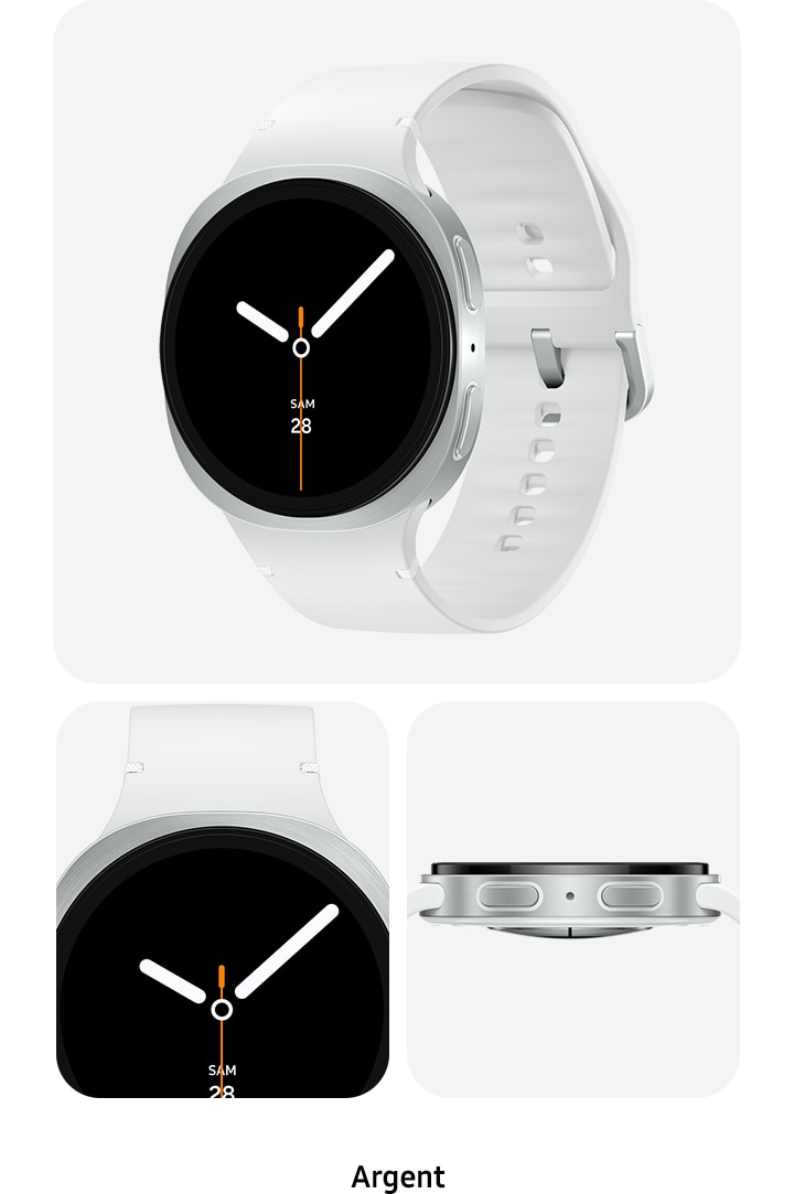 Montre Galaxy Watch8 argent vue de l’avant, d’un angle partiel à l’avant et du côté montrant les boutons Accueil et Arrière.