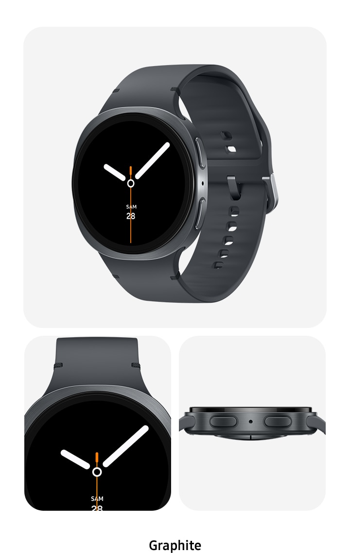 Montre Galaxy Watch8 graphite vue de l’avant, d’un angle partiel à l’avant et du côté montrant les boutons Accueil et Arrière.