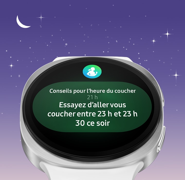 Le cadran de la montre Galaxy Watch8 affiche l’écran de notation de l’énergie avec la notation de l’énergie de 92 et le mot « Excellent ». La montre Galaxy Watch8 disparaît et un téléphone intelligent Samsung Galaxy apparaît montrant l’écran de notation de l’énergie avec une liste des facteurs de notation de l’énergie.