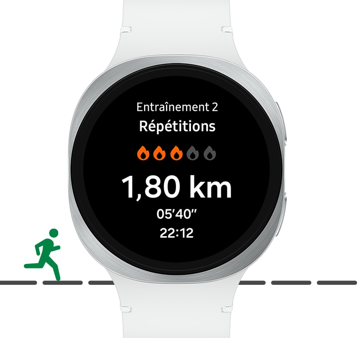 Écran de l’entraîneur de course affiché sur la montre Galaxy Watch8 avec le texte 2. Répétitions. 1,80 km, 05'40''. L’écran change. Entraînement 2. Répétitions. 1,80 km. 05.40''. 22:12. Un pictogramme de course est affiché en arrière-plan. Après avoir appuyé sur le bouton Démarrer, le pictogramme atteint la ligne d’arrivée, l’écran affichant l’état. L’écran affiche une icône de vérification avec le texte « Réussi! ».